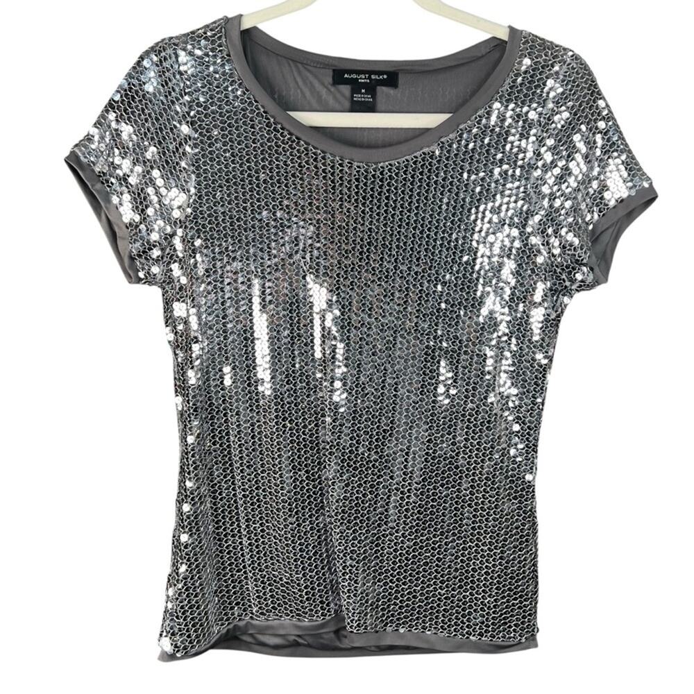 August Silk Knits Gray Silver Sequin Short Sleeve Women’s Top Size Medium